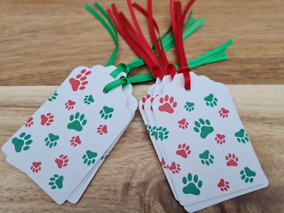 Pet Paw Print Red & Green Xmas Gift Tags - Dog Cat Animal Satin Ribbon Ties 10no