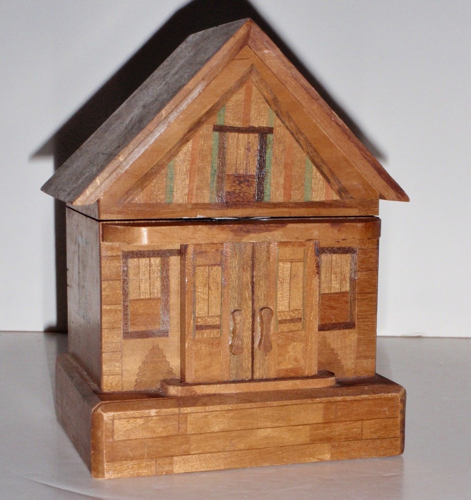 Vintage Folk Art Hand Cut  Wooden House Still Coin Puzzle Bank Stained Engraved