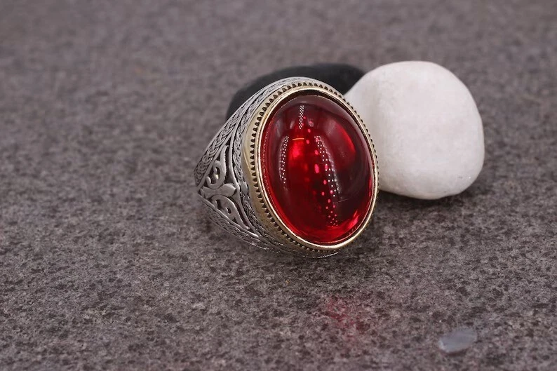Ruby Mens Statement Ring Vintage Ruby Boho Ring Gift For Him 925 Silver Ring - Image 2 of 4
