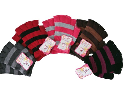 Woman Striped Winter Warm Knit Ski Bicycle Half Fingerless SHORT Gloves Mittens