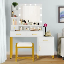 Makeup Vanity Set with Mirror, Drawers, 41.2-inch, Lighting in 3 Colors  (White)