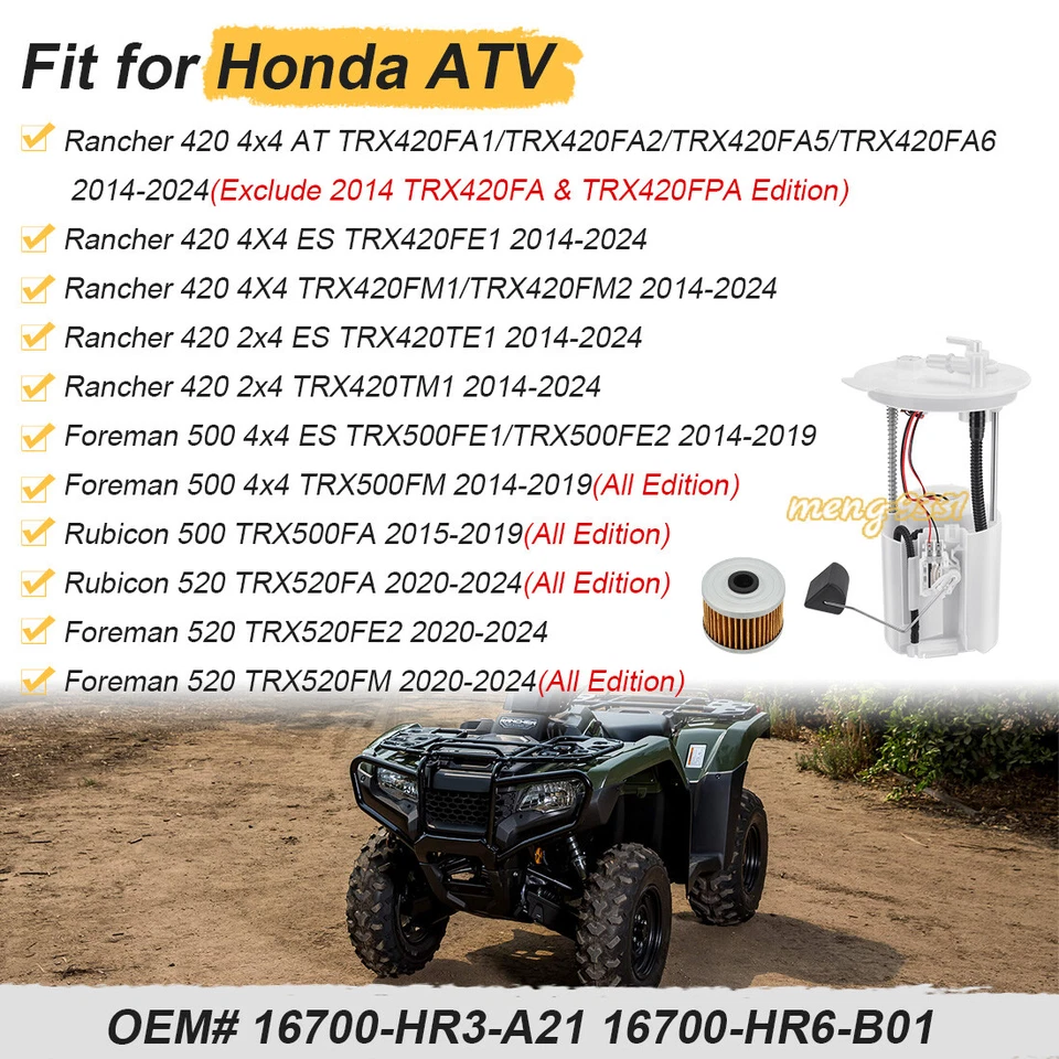 Bomba de combustible y filtro de aceite 16700-HR3-A21 para Honda Rancher 420 TRX420 4x4 2014-24 Foto 2 de 4