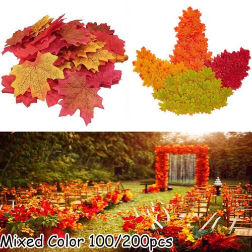 100/200xAutumn Maple Leaf Fall Fake Silk Leaves Craft Wedding Party Decor Set UK - Afbeelding 1 van 37