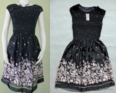 NWT MAX EDITION Smocked Top Fit-&-Flare Chiffon Print dress BLACK/PINK MEDIUM