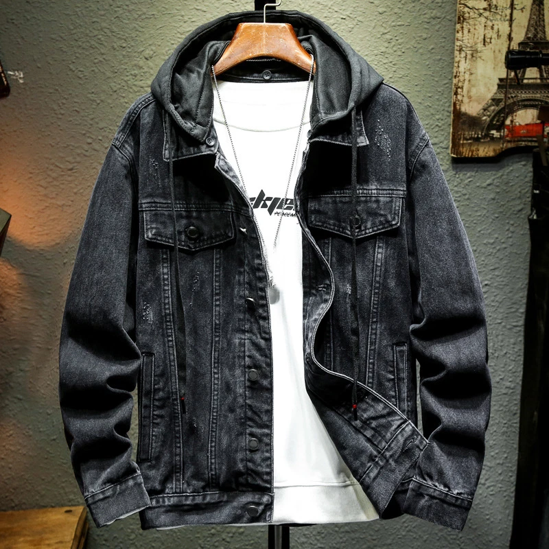 Hooded black top denim jacket mens