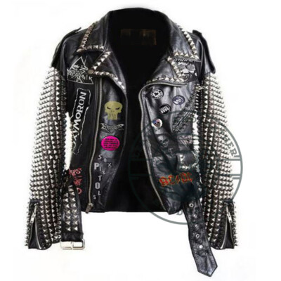 Men's Patchwork Heavy Metal Pyramid Studs, Adicts Rock Fashion Leather Jacket