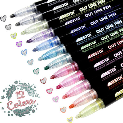 Shimmer Markers Outline Double Line 12 Colors Metallic Shimmer Marker Fine Point