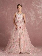 Soft Pink Long Floral Print Organza Dress Backless Chapel Train Party/Prom Dress