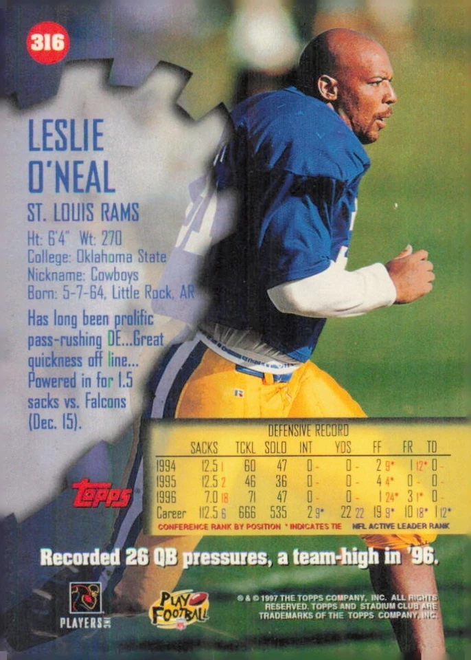1997 Stadium Club #316 Leslie O'Neal St. Louis Rams Football Card - Image 2 of 2