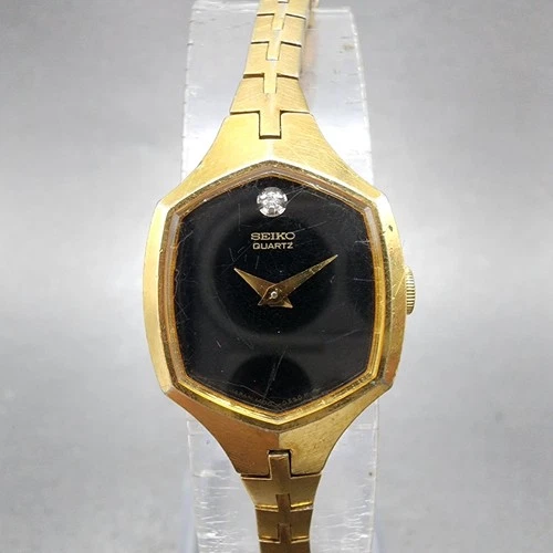 Seiko Watch Women 18mm Black Dial Gold Tone Hexagon 1400-5319 New Battery