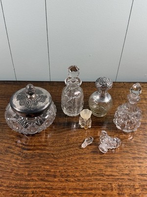 Antique Cut Glass Dresser Jar Silver Plated Lid Perfume Bottles Crystal Stoppers