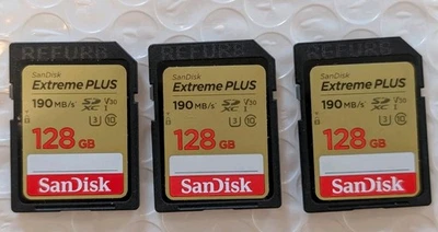 Lot of 3ea SanDisk SD Extreme Plus 128GB V30 Class 10 Memory Card 190 MB/s SDSDX