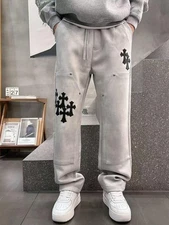Chrome Hearts Leather Cross Logo Men's Straight-Leg Drawstring Gray Sweatpants