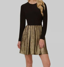 Adrianna Papell Women Black Gold Lined Long-Sleeve A-Line Mini Dress Size 14