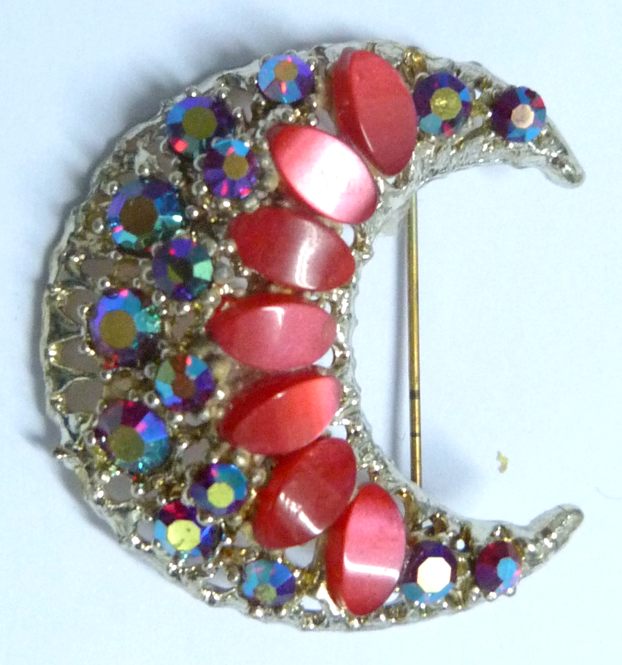 Vintage Crescent Moon Brooch Red Moonglow Lucite Aurora Borealis ...