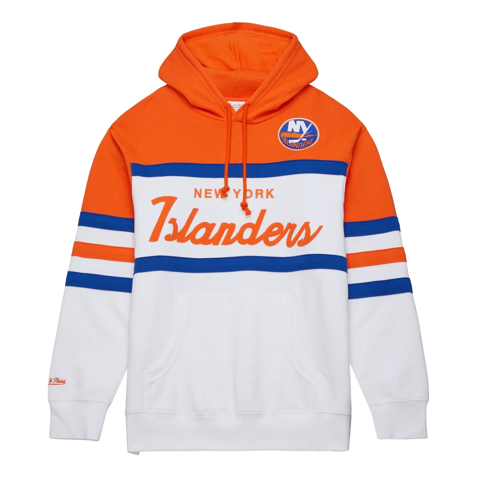Felpa con cappuccio pullover uomo Mitchell & Ness bianco arancione New York Islanders Head Coach