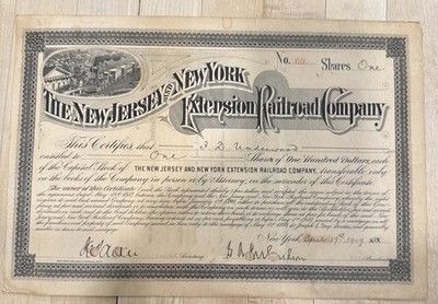 1909 New Jersey & New York Extension RR Stock Certificate Issued F.D. Underwood