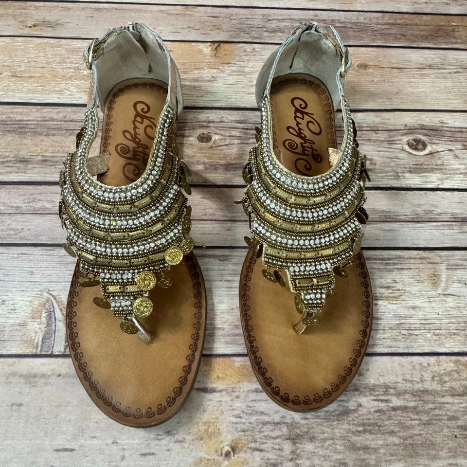 Naughty Monkey Womens Gold Coin and Rhinestone Gypsy Thong Sandals 10 - Image 3 of 4