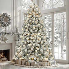 9ft Prelit Snow Flocked Christmas Tree with Remote Hinged Pine Christmas Tree