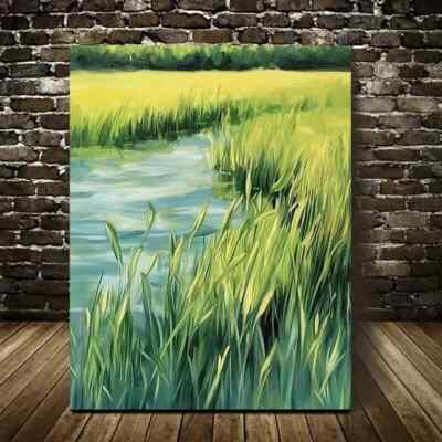Beautiful Emerald Water Grass Meadow Painting Metal Print Ready to Hang
