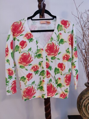 North Crest womens S sweater white/green/red floral v-neck button up 3/4 sleeve