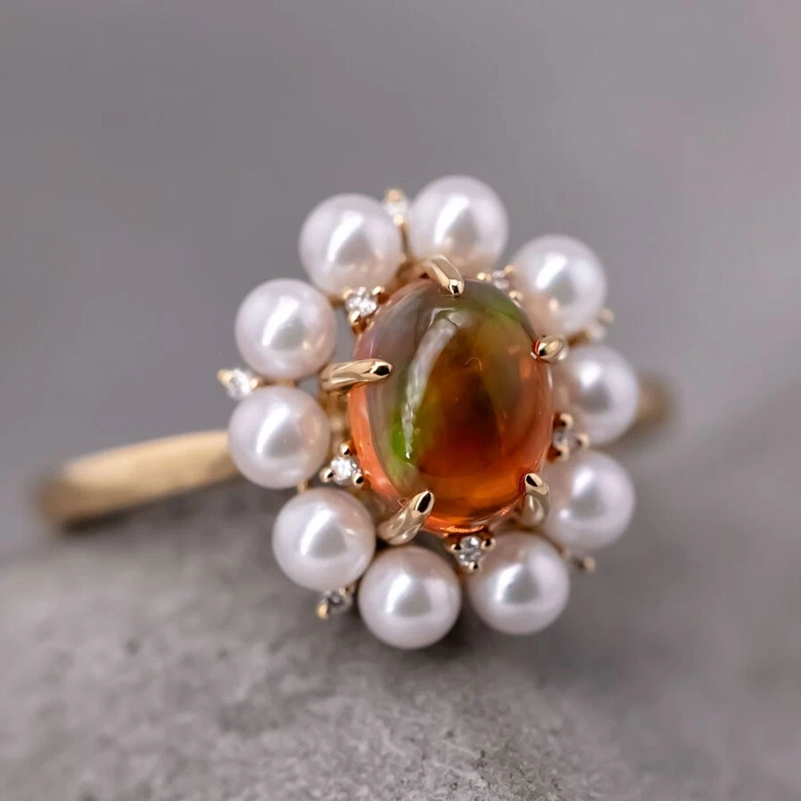 Impresionante Anillo de Compromiso Mexicano Ópalo de Fuego, Perla y Diamantes Oro Amarillo 18K Foto 4 de 4