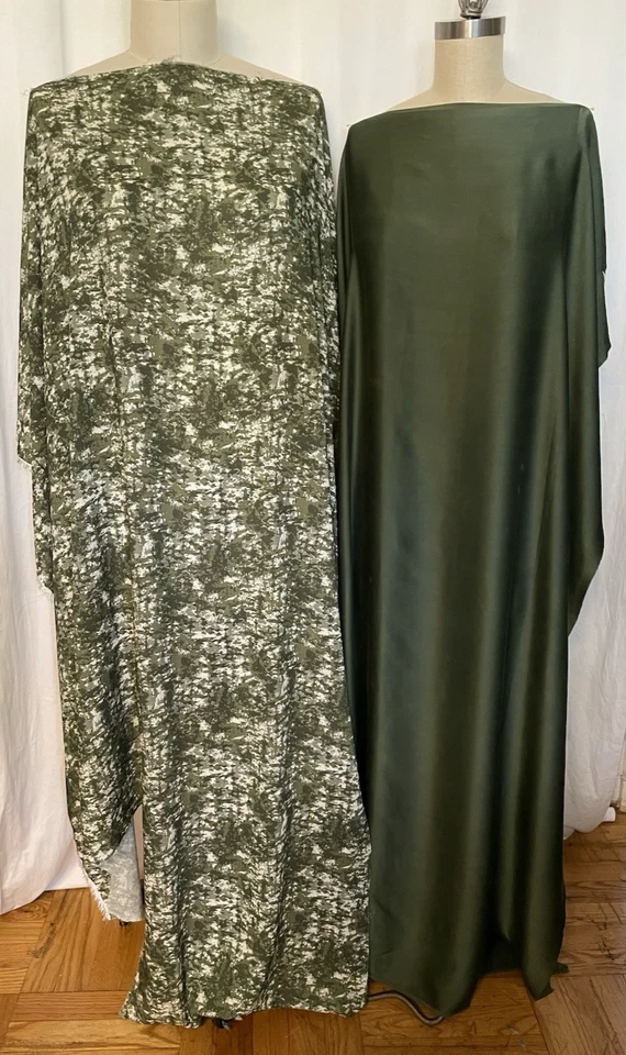 100% Silk Charmeuse & Rayon Olive Forest Green Fabric Combo Lot 2 Yards 54" W - Image 4 of 4