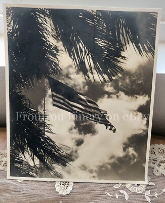 Vintage American Flag Flying High with Clouds Patriotic Large Photo
