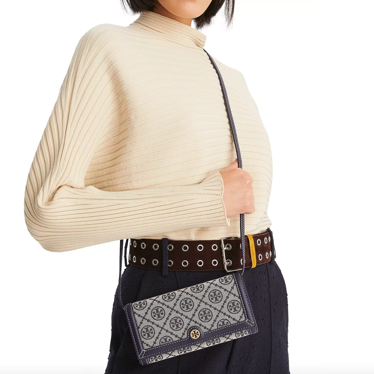 Borsa a tracolla Tory Burch T monogramma Jacquard nuova con etichette in blu navy Tory