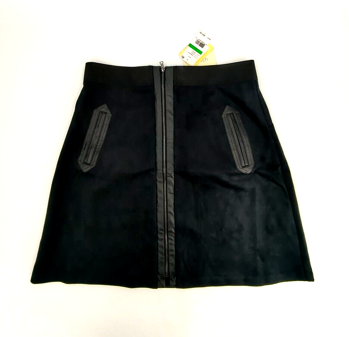 ECI New York Faux Suede Leather Trim A-Line Black Skirt Size Large with  Pockets