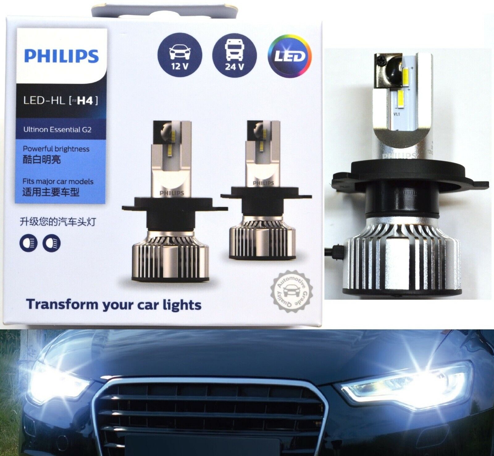 Philips Ultinon Essential LED White H4 Two Bulbs Head Light High Low Beam Lamp