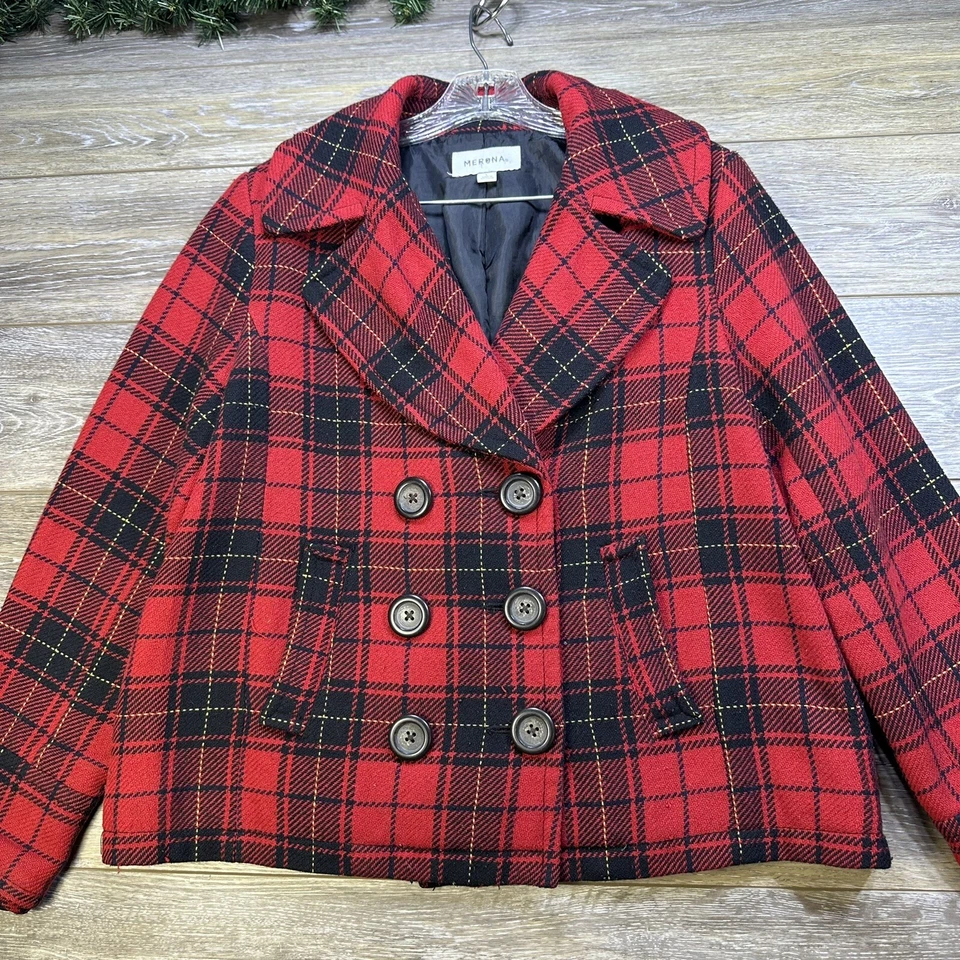 Abrigo Merona Pea Talla Grande Mujer’s Rojo Chaqueta de Lana a Cuadros, Botones, Forrado, Tweed Foto 3 de 4