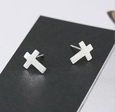 Silver Tiny Simple Faith Cross White Gold Stud Earring