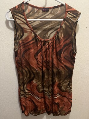 Agenda Womens Orange/brown Stripe Shirt Sz Medium No Sleeves With Gathers