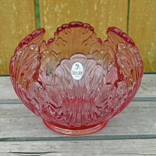 Vintage Fenton Pink Art Glass Empress Lotus Leaf Petal Candle or Rose Bowl Vase