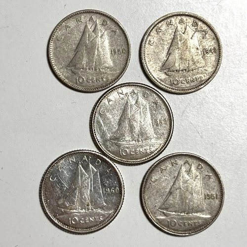 Lot Of 5 Canada 10 Cent Coins .800 Silver 10C - 1942, 1950, 1951 & 1959 $0.50 FV