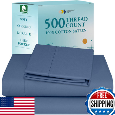 California Design Den Twin XL 500TC Cotton Sateen Cooling Sheets Navy Blue