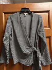 Nine West Size Medium Black & White Houndstooth Wrap Top Long Sleeve Women’s S