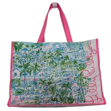 Lilly Pulitzer Reusable Shopping Bag Pink Vinyl Top Handle Tote Lightweight