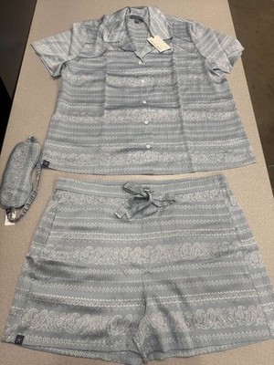 Barefoot Dreams Washed Satin PJ Set [Shirt/Shorts/Eye Mask]-Chambray Bandana-XL
