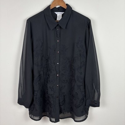 Ulla Popken Blouse Top Whimsigoth 16/18 Black Embroidered Button Up Sheer Sleeve