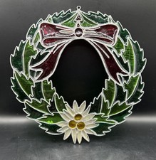 Vintage Stained Glass Christmas Holly Wreath With Red Bow Suncatcher 9"