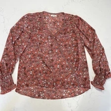 Max Studio Pink Floral Blouse Size M Long Slv V Neck Wrap Cottagecore Peasant