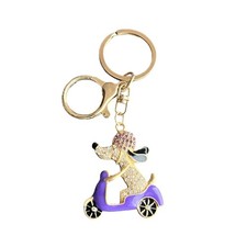 Rhinestone Dog Scooter Keychain Bag Charm 3.75" Enamel Gold Tone Animal