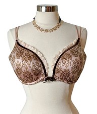 Victorias Secret 36D Push-Up Plunge Bra Mauve Gold Lace Adjust Straps Smooth Vtg