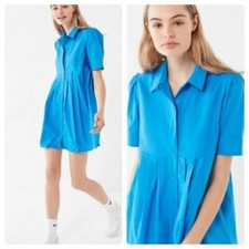 Urban Outfitter UO Michaela Babydoll Mini Dress Pleated Button Blue Shirt New S