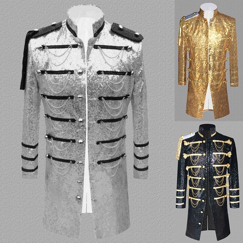 Men Glitter Sequin Long Tuxedo Suit Jackets Party Prom Showman Costume Coat Tops - Picture 3 of 15