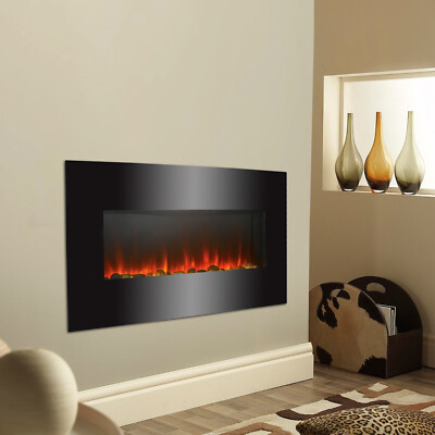 Electric Fire Fireplace Curved Black Glass Wall Mounted Flame Living Room  Heater | eBay
