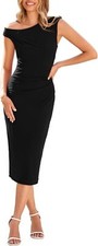 Women's Summer Midi Dress Sleeveless One Shoulder Mesh Bodycon Ruched Slit