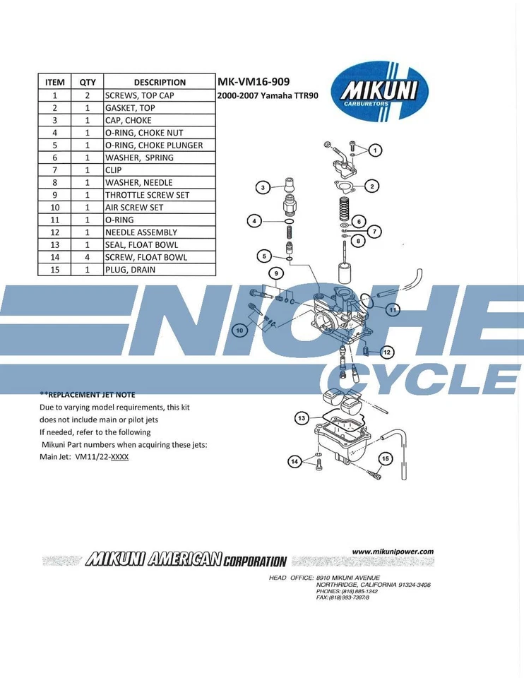 Genuine Mikuni VM16 OEM Carburetor Rebuild Kit for Yamaha TTR90 MK-VM16-909 — 第 2/2 张图片